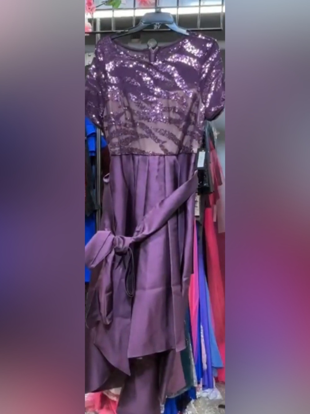 Marina Plum Sequin Bodice High-Low Gown with Bow and Pockets - Picture 4 of 6